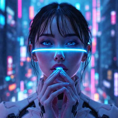 The primary subject of the image is a woman with blue eyes and a blue glow around her eyes. She is wearing a white outfit and has her hand up to her face. The setting is a futuristic city with a backdrop of colorful lights and buildings. The visual style is a digital art or illustration, creating a vibrant and surreal atmosphere. The colors and mood of the image are predominantly blue and pink, giving it a dreamy and otherworldly feel.